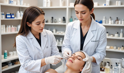Aesthetic professionals performing advanced facial skincare treatment in clinic