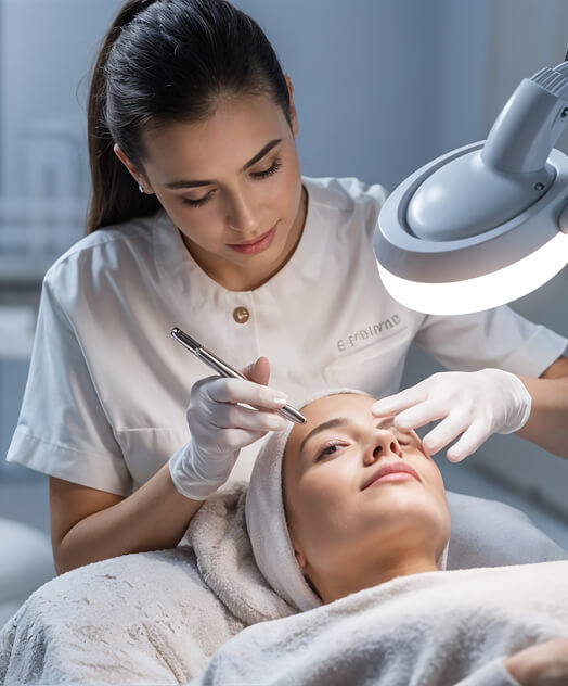 Aesthetic practitioner performing CryoPen cryotherapy for benign lesion removal on facial skin